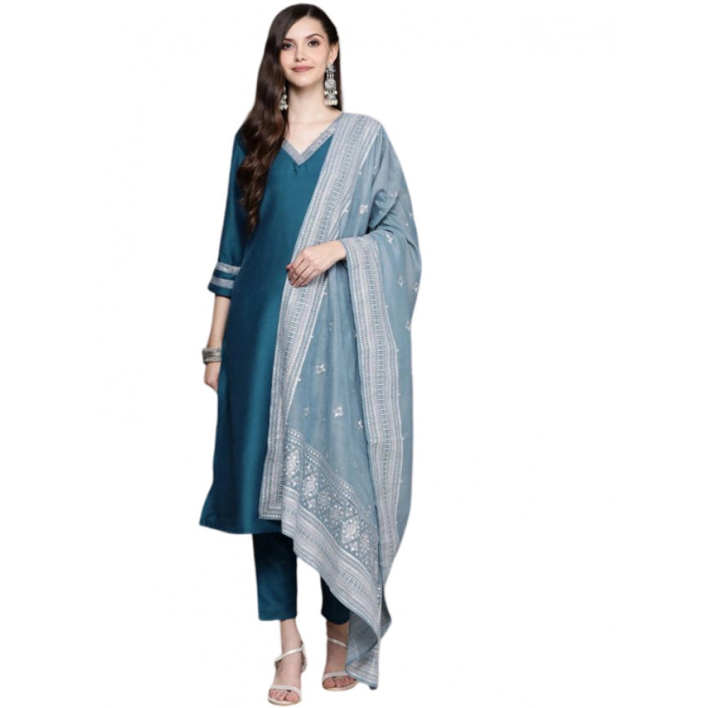 Women's Casual 3-4Th Sleeve Mughal Stripe Design Chinon Kurti Pant And Dupatta Set (Teal Blue) - GillKart