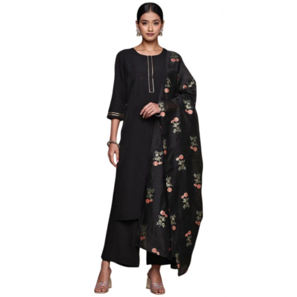 Women's Casual 3-4Th Sleeve Ethnic Motifs Crepe Kurti Palazzo And Dupatta Set (Black) - GillKart