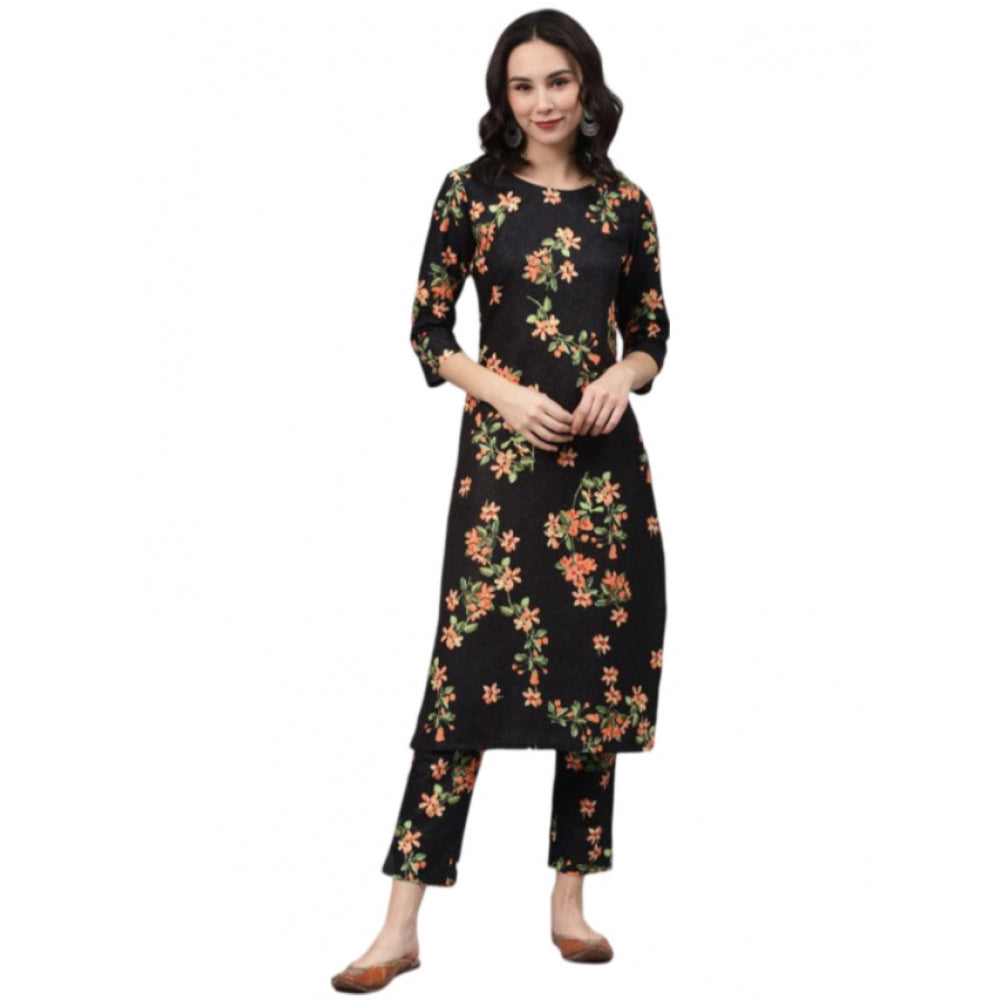 Women's Casual 3-4Th Sleeve Floral Printed Rayon Kurti And Pant Set (Black) - GillKart