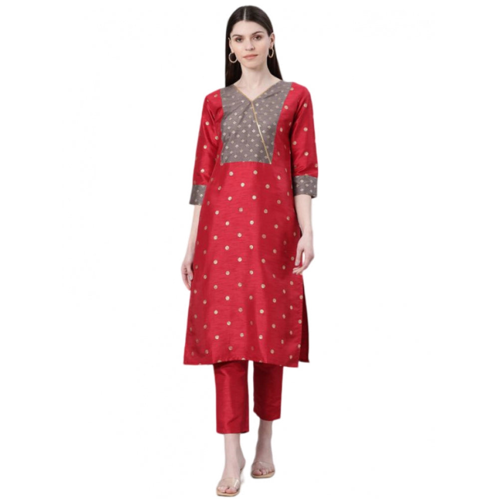 Women's Casual 3-4Th Sleeve Ethnic Motifs Poly Silk Kurti And Pant Set (Red) - GillKart