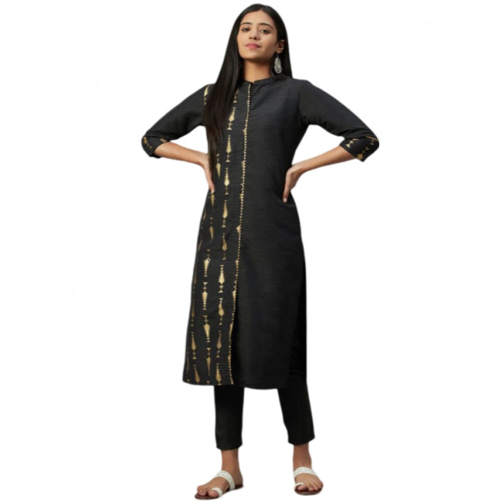 Women's Casual 3-4Th Sleeve Ethnic Motifs Poly Silk Kurti and Pant Set (Black) - GillKart