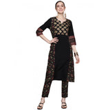 Women's Casual 3-4Th Sleeve Ethnic Motifs Crepe Kurti And Pant Set (Black) - GillKart