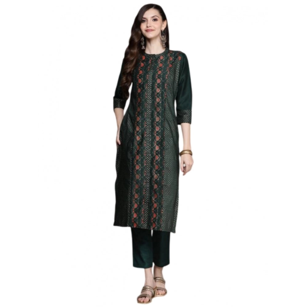 Women's Casual 3-4Th Sleeve Traditional Crepe Kurti And Pant Set (Green) - GillKart