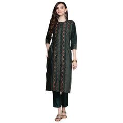 Women's Casual 3-4Th Sleeve Traditional Crepe Kurti And Pant Set (Green) - GillKart