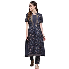 Women's Casual Half Sleeve Ethnic Motifs Crepe Kurti and Pant Set (Navy Blue) - GillKart