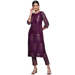 Women's Casual 3-4Th Sleeve Floral Printed Chinon Kurti and Pant Set (Purple) - GillKart