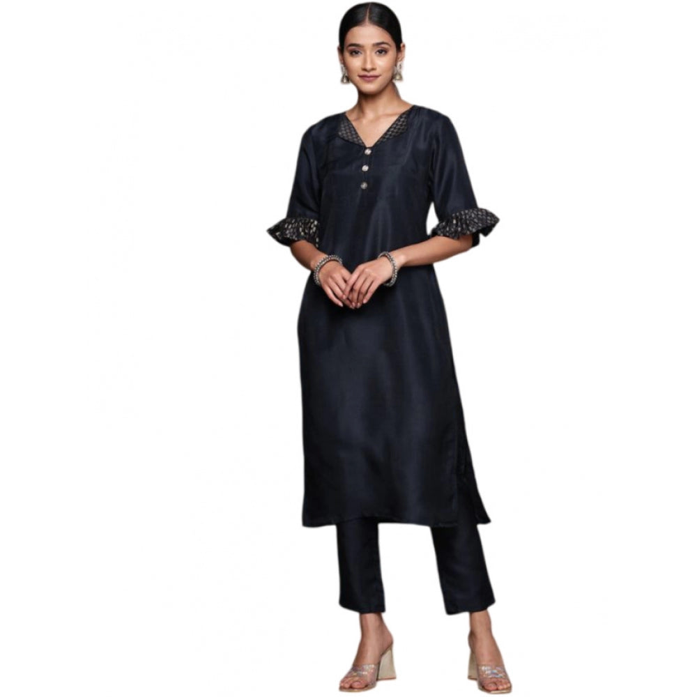 Women's Casual Half Sleeve Solid Chinon Kurti and Pant Set (Navy Blue) - GillKart