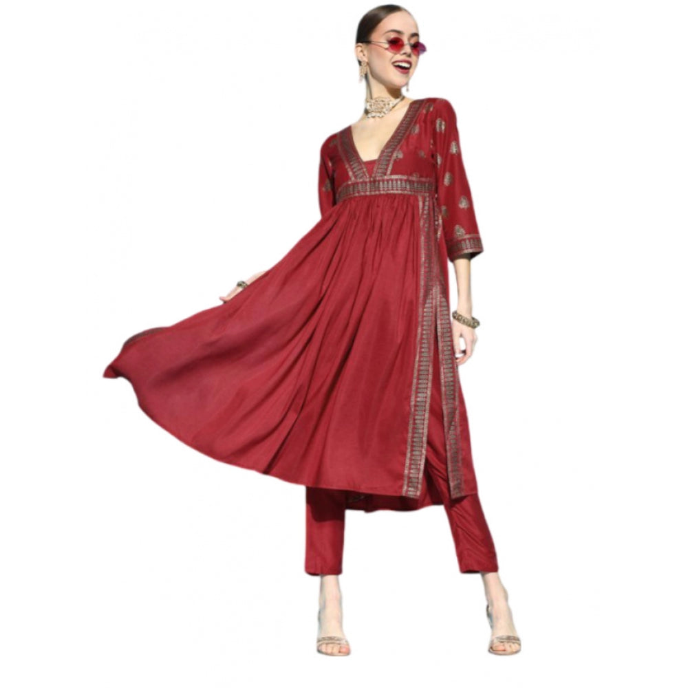 Women's Casual 3-4Th Sleeve Floral Printed Chinon Kurti And Pant Set (Maroon) - GillKart