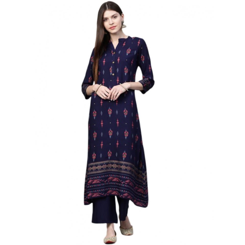 Women's Casual 3-4Th Sleeve Ikkat Rayon Kurti and Palazzo Set (Navy Blue) - GillKart