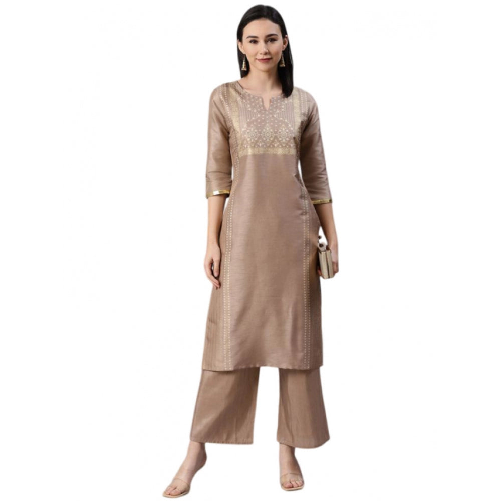 Women's Casual 3-4Th Sleeve Ethnic Motifs Poly Silk Kurti And Palazzo Set (Brown) - GillKart