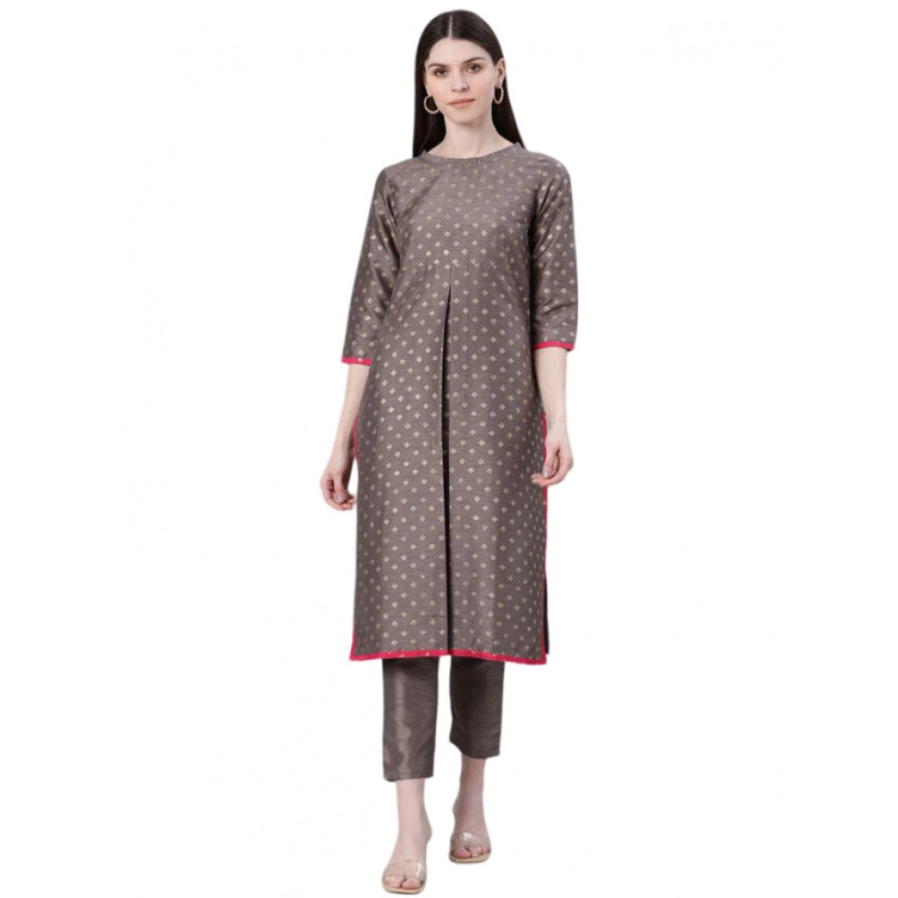 Women's Casual 3-4Th Sleeve Ethnic Motifs Poly Silk Kurti And Pant Set (Grey) - GillKart