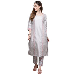 Women's Casual 3-4Th Sleeve Geometric Poly Silk Kurti and Pant Set (Light Grey) - GillKart