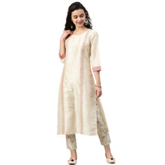 Women's Casual 3-4Th Sleeve Geometric Poly Silk Kurti and Pant Set (Cream) - GillKart