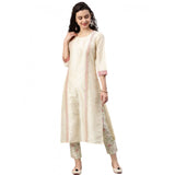 Women's Casual 3-4Th Sleeve Geometric Poly Silk Kurti and Pant Set (Cream) - GillKart