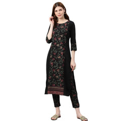 Women's Casual 3-4Th Sleeve Floral Printed Crepe Kurti and Pant Set (Black) - GillKart