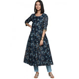 Women's Casual 3-4Th Sleeve Floral Printed Chanderi Cotton Kurti And Pant Set (Navy Blue) - GillKart