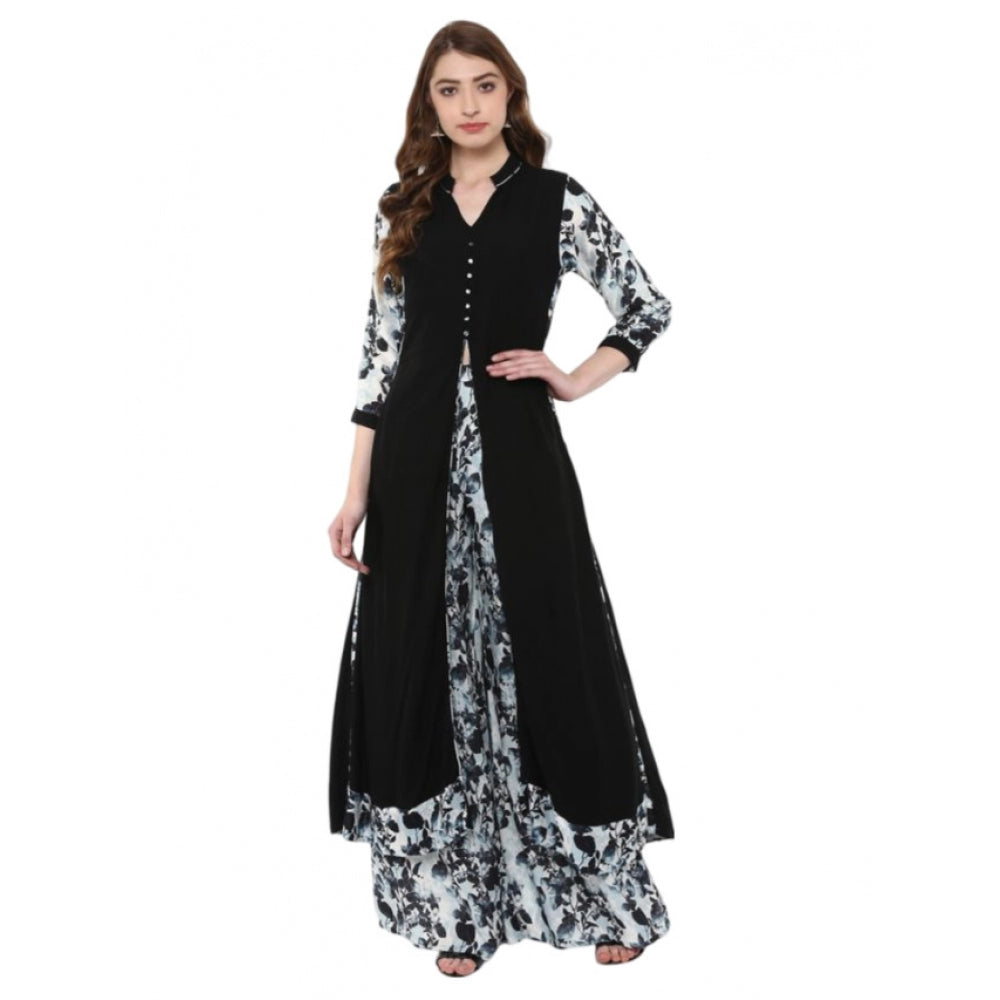 Women's Casual 3-4Th Sleeve Floral Printed Rayon Kurti and Palazzo Set (Black) - GillKart