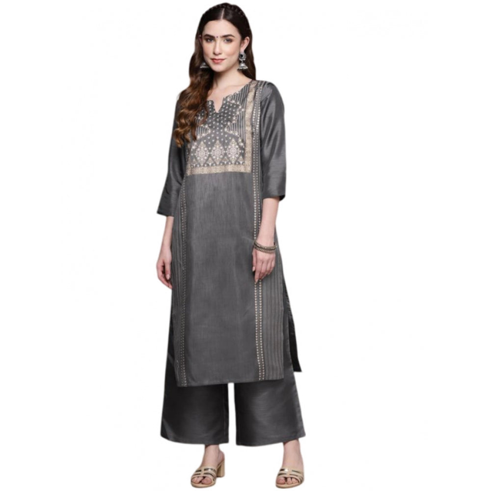 Women's Casual 3-4Th Sleeve Ethnic Motifs Poly Silk Kurti And Palazzo Set (Dark Grey) - GillKart