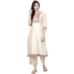 Women's Casual 3-4Th Sleeve Ethnic Motifs Poly Silk Kurti and Palazzo Set (Cream) - GillKart