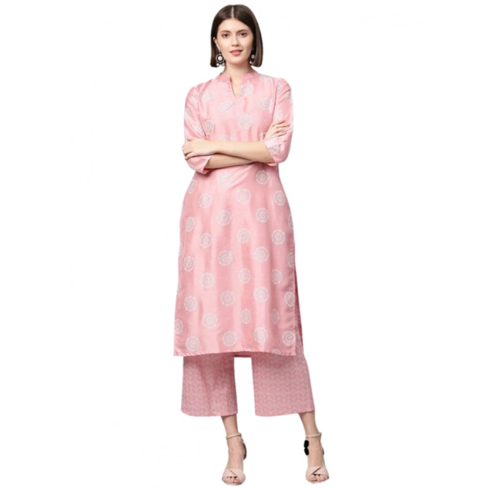 Women's Casual 3-4Th Sleeve Floral Printed Poly Silk Kurti And Palazzo Set (Pink) - GillKart