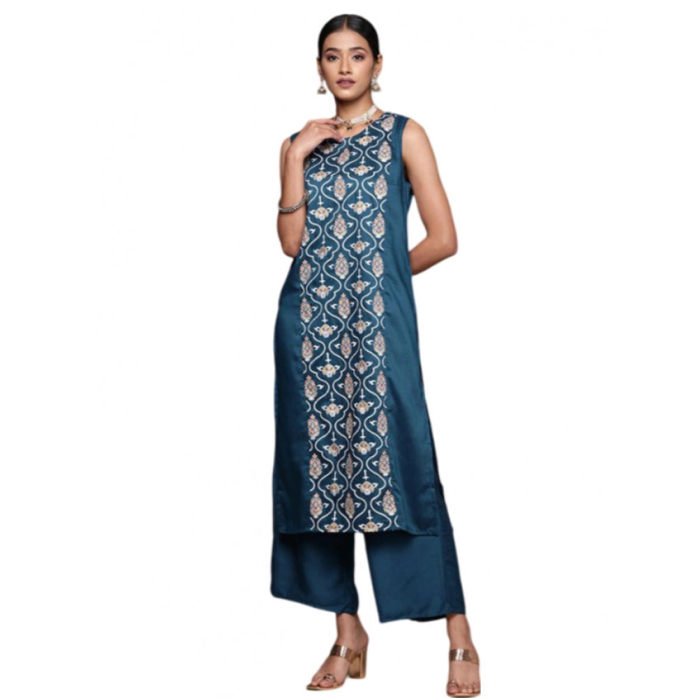 Women's Casual Sleeveless Floral Printed Chinon Kurti and Palazzo Set (Teal Blue) - GillKart