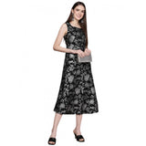 Women's Casual Sleeveless Floral Printed Crepe Ethnic Dress (Black) - GillKart