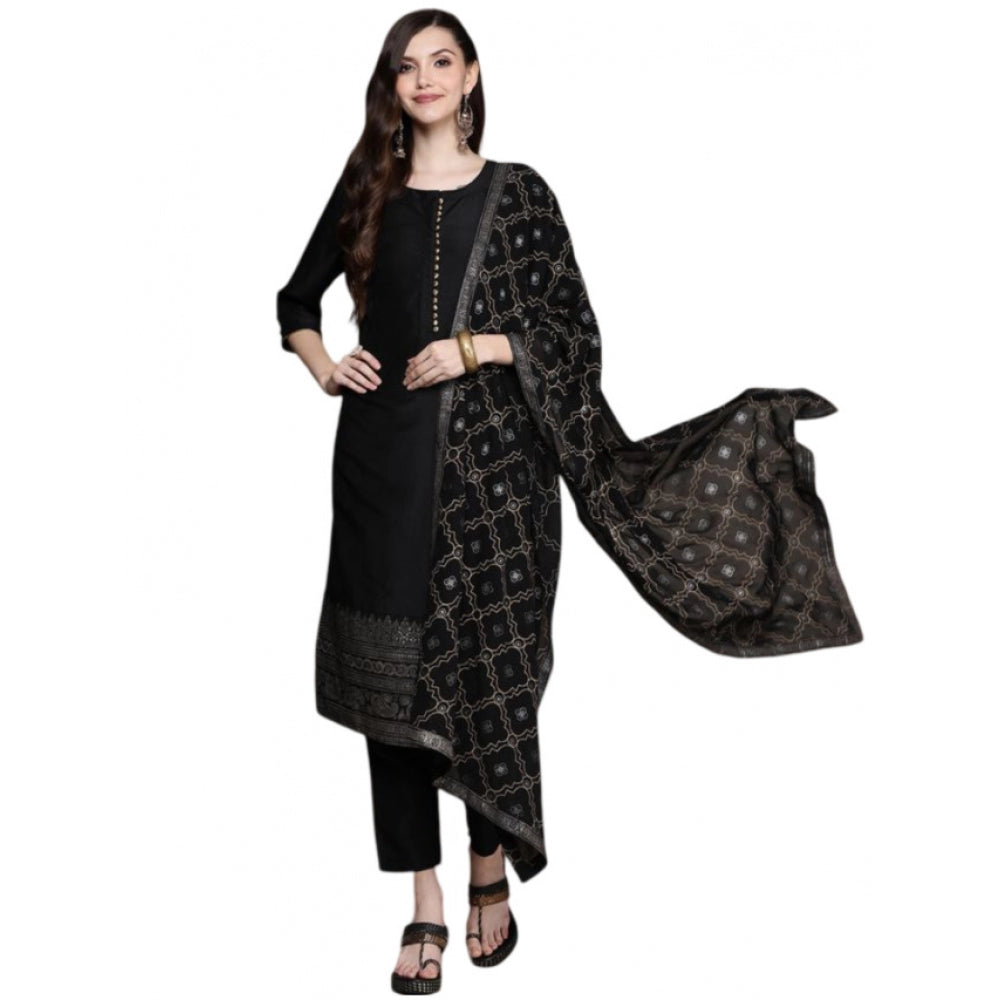 Women's Casual 3-4Th Sleeve Border Crepe Kurti Pant And Dupatta Set (Black) - GillKart