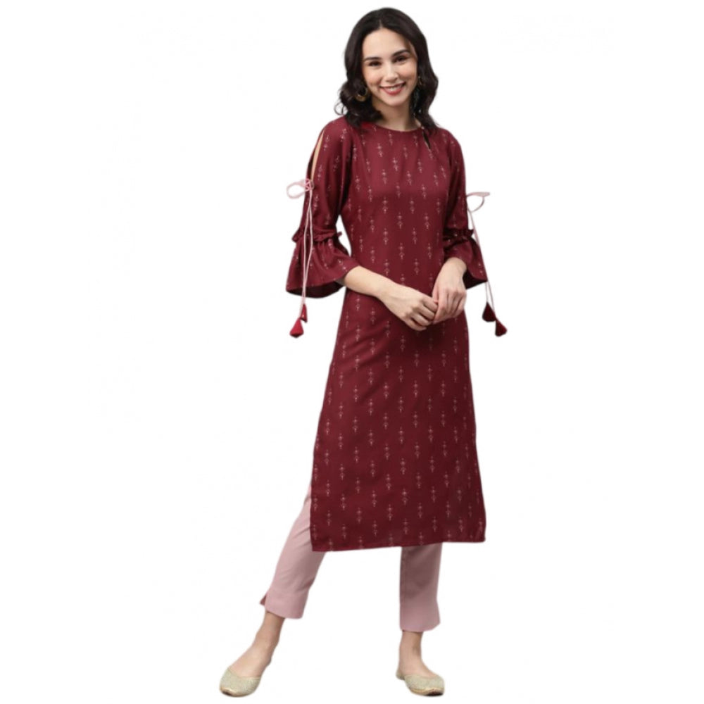 Women's Casual 3-4Th Sleeve Ethnic Motifs Rayon Kurti And Pant Set (Maroon) - GillKart