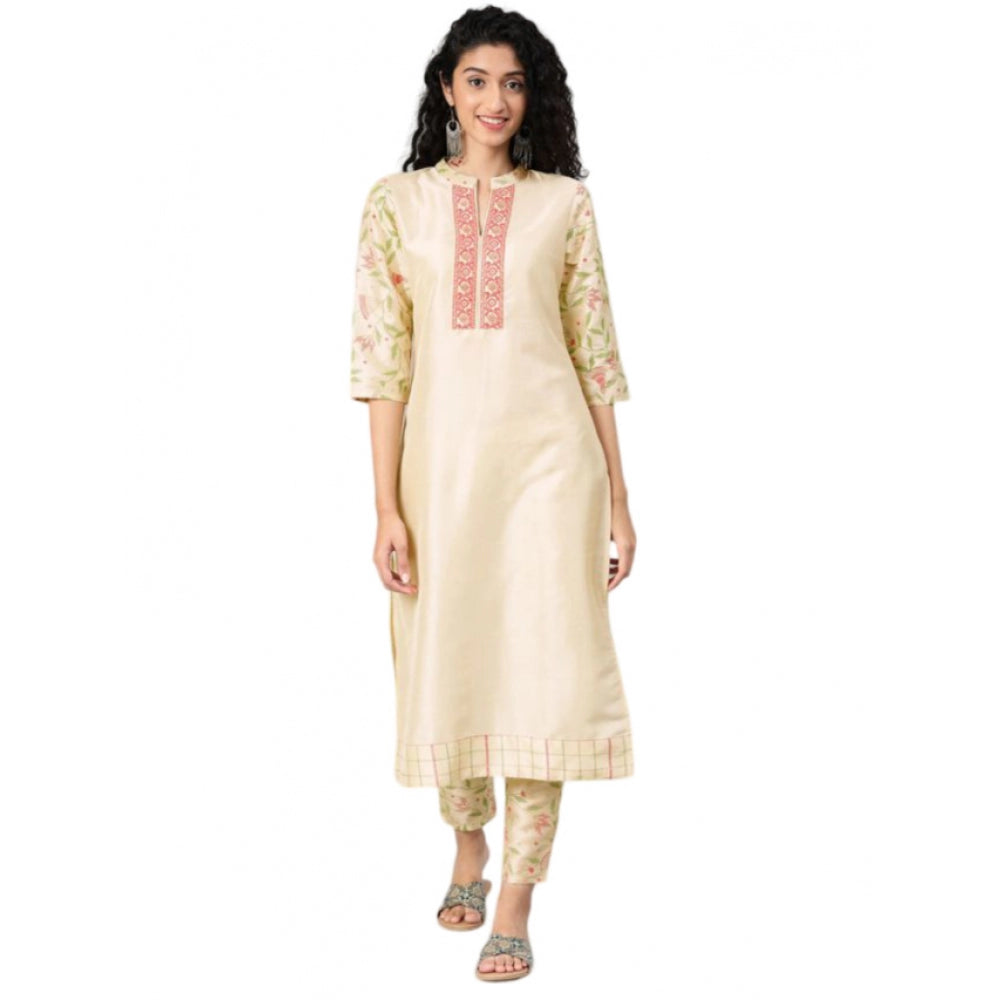 Women's Casual 3-4Th Sleeve Solid Poly Silk Kurti and Pant Set (Cream) - GillKart