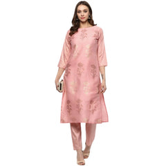 Women's Casual 3-4Th Sleeve Floral Printed Poly Silk Kurti and Pant Set (Pink) - GillKart