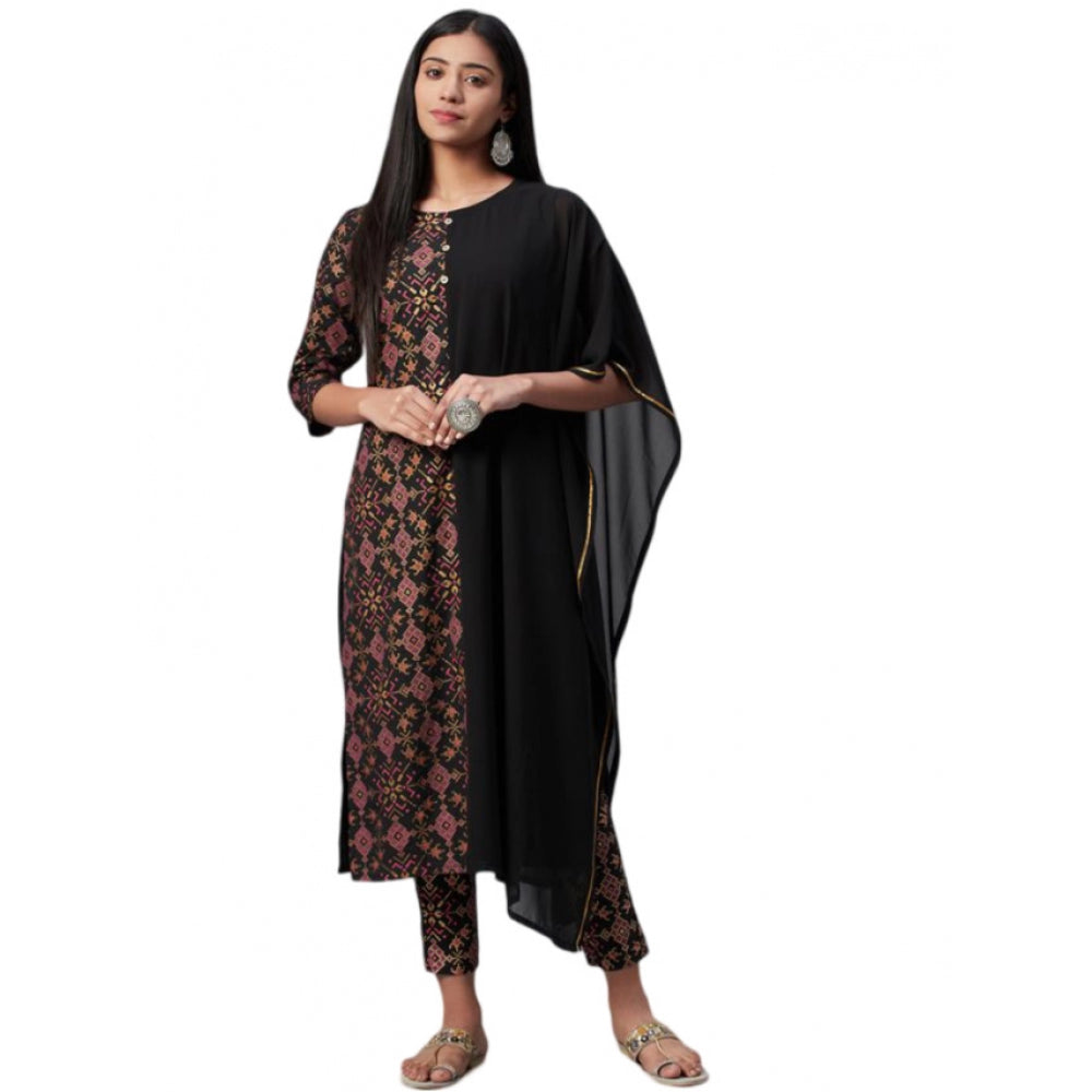 Women's Casual Half Sleeve Ethnic Motifs Georgette &amp; Crepe Kurti and Pant Set (Black) - GillKart