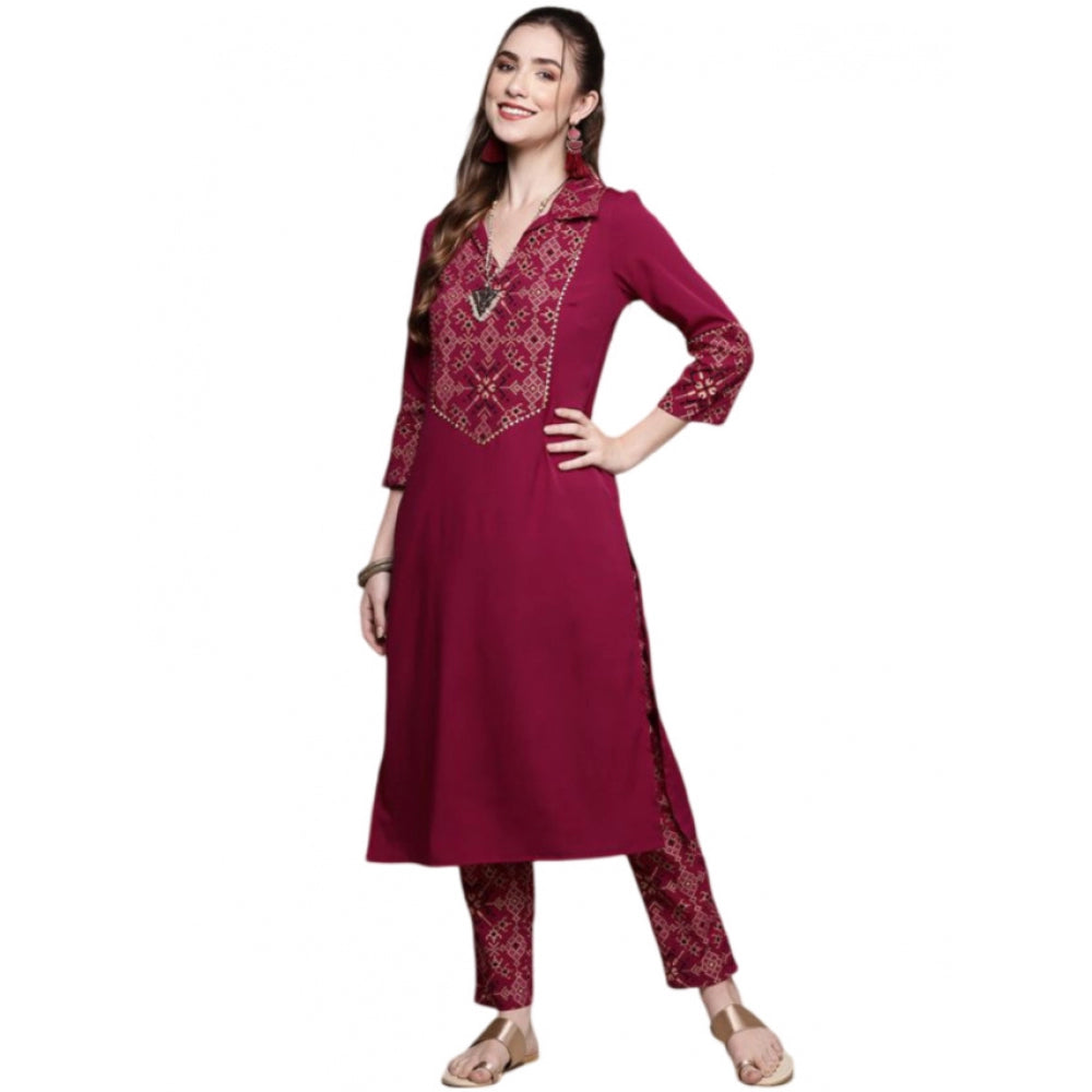 Women's Casual 3-4Th Sleeve Geometric Crepe Kurti and Pant Set (Maroon) - GillKart