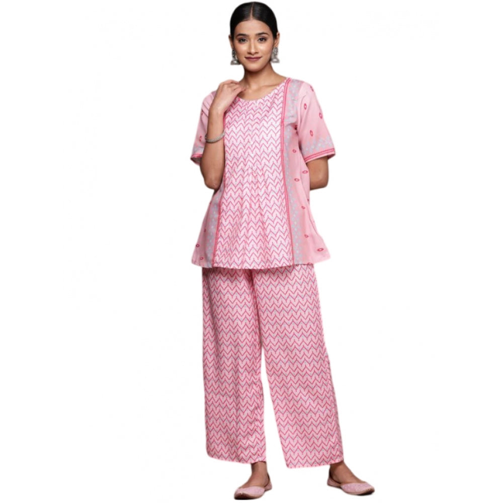 Women's Casual Half Sleeve Geometric Rayon Kurti And Palazzo Set (Pink) - GillKart