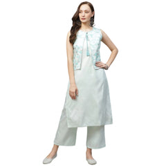 Women's Casual Sleeveless Abstract Poly Silk Kurti and Palazzo Set (Mint Green) - GillKart