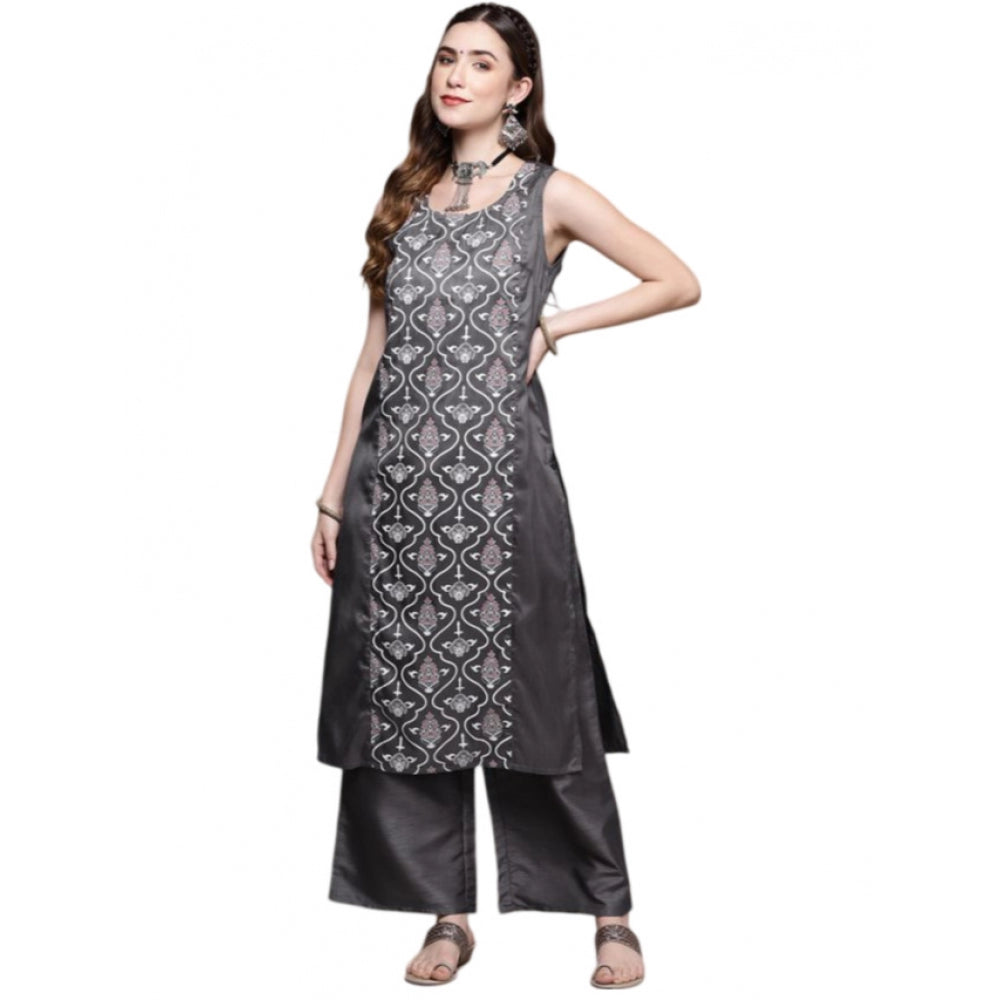 Women's Casual Sleeveless Floral Printed Poly Silk Kurti and Palazzo Set (Dark Grey) - GillKart