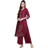 Women's Casual 3-4Th Sleeve Floral Printed Crepe Kurti And Palazzo Set (Dark Pink) - GillKart