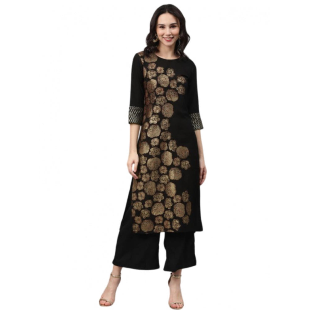 Women's Casual 3-4Th Sleeve Floral Printed Crepe Kurti And Palazzo Set (Black) - GillKart