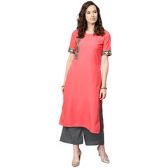 Women's Casual Half Sleeve Floral Printed Crepe Kurti and Palazzo Set (Peach) - GillKart