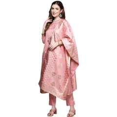 Women's Casual 3-4Th Sleeve Floral Printed Poly Silk Kurti Pant And Dupatta Set (Light Pink) - GillKart