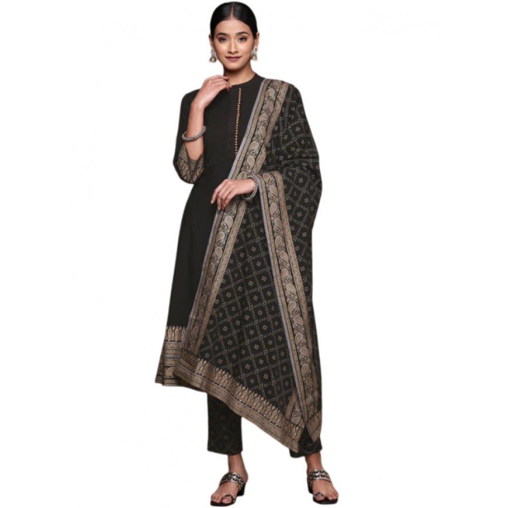 Women's Casual 3-4Th Sleeve Ethnic Motifs Crepe Kurti Pant And Dupatta Set (Black) - GillKart