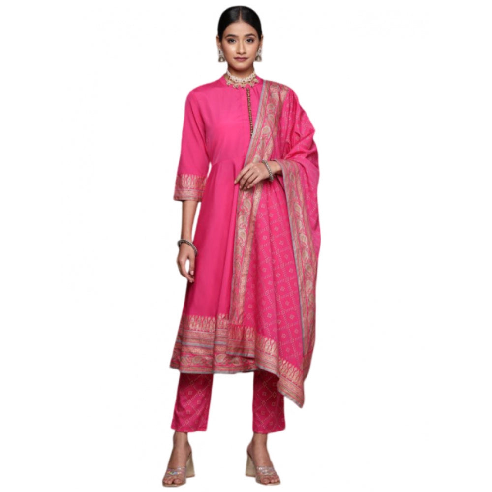 Women's Casual 3-4Th Sleeve Ethnic Motifs Crepe Kurti Pant And Dupatta Set (Pink) - GillKart