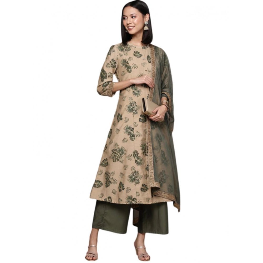 Women's Casual 3-4Th Sleeve Floral Printed Chanderi Cotton Kurti Palazzo And Dupatta Set (Beige) - GillKart