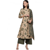 Women's Casual 3-4Th Sleeve Floral Printed Chanderi Cotton Kurti Palazzo And Dupatta Set (Beige) - GillKart