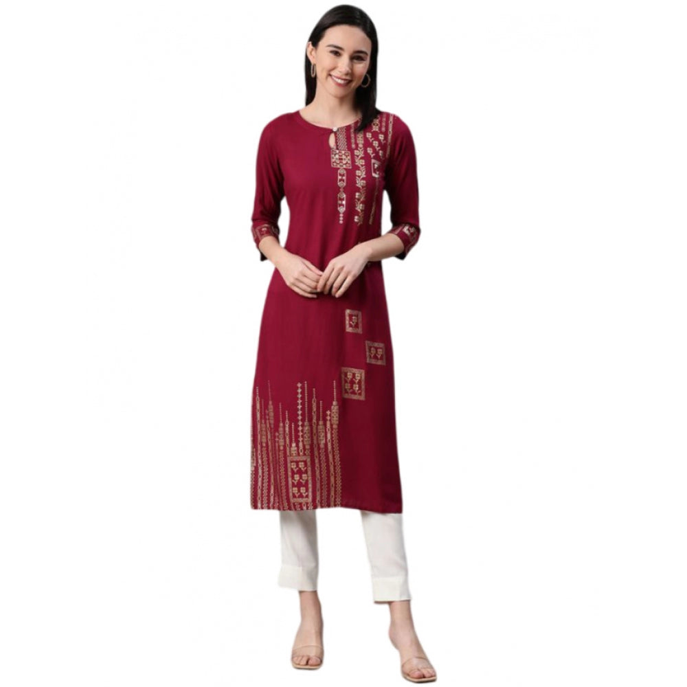 Women's Casual 3-4Th Sleeve Floral Printed Rayon Kurti And Pant Set (Maroon) - GillKart