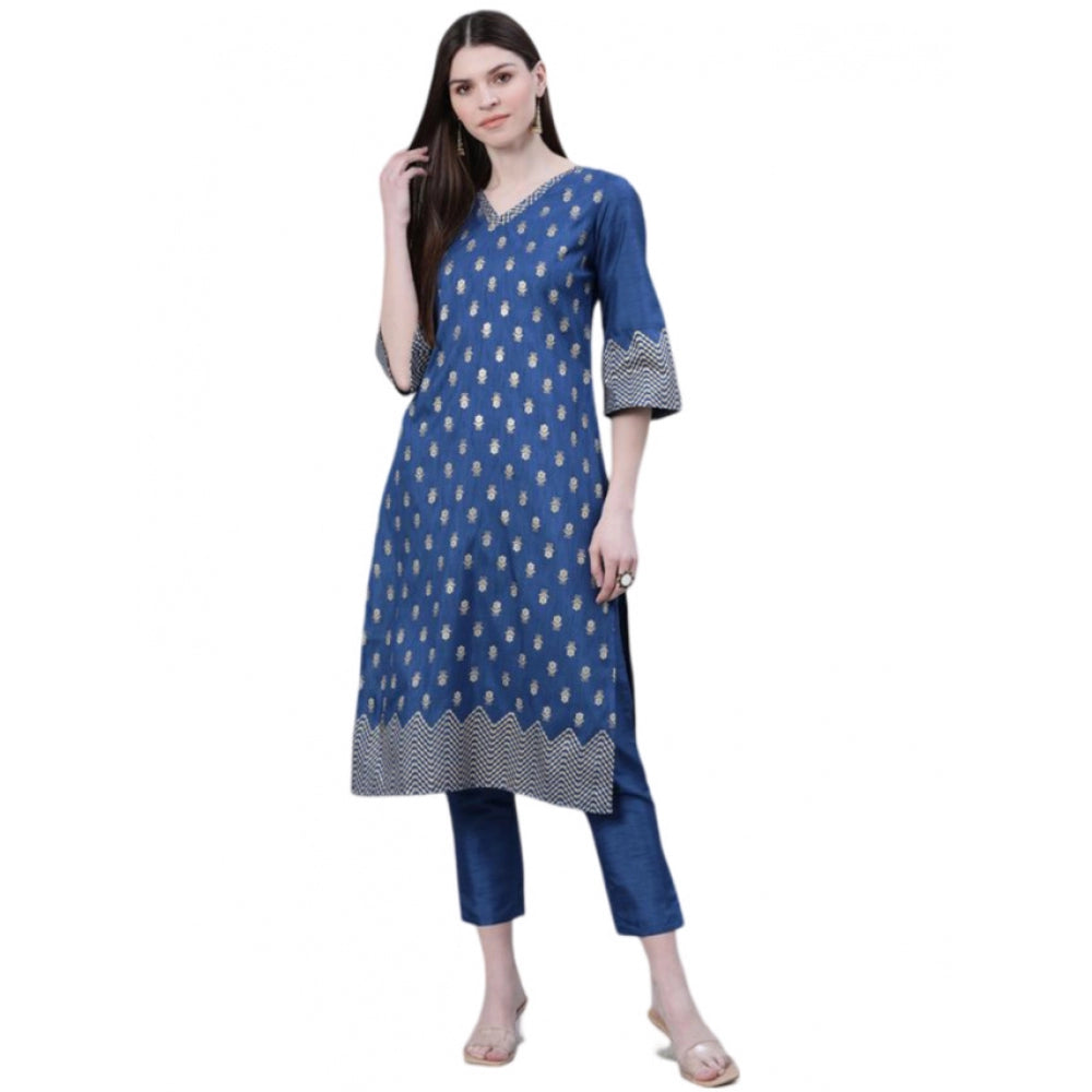 Women's Casual 3-4Th Sleeve Floral Printed Poly Silk Kurti And Pant Set (Blue) - GillKart