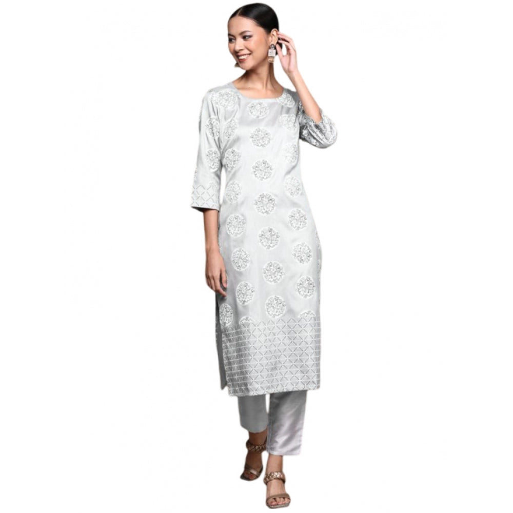 Women's Casual 3-4Th Sleeve Floral Printed Poly Silk Kurti and Pant Set (Light Grey) - GillKart
