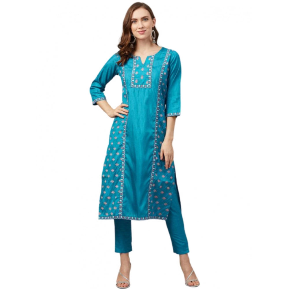 Women's Casual 3-4Th Sleeve Floral Printed Poly Silk Kurti and Pant Set (Blue) - GillKart