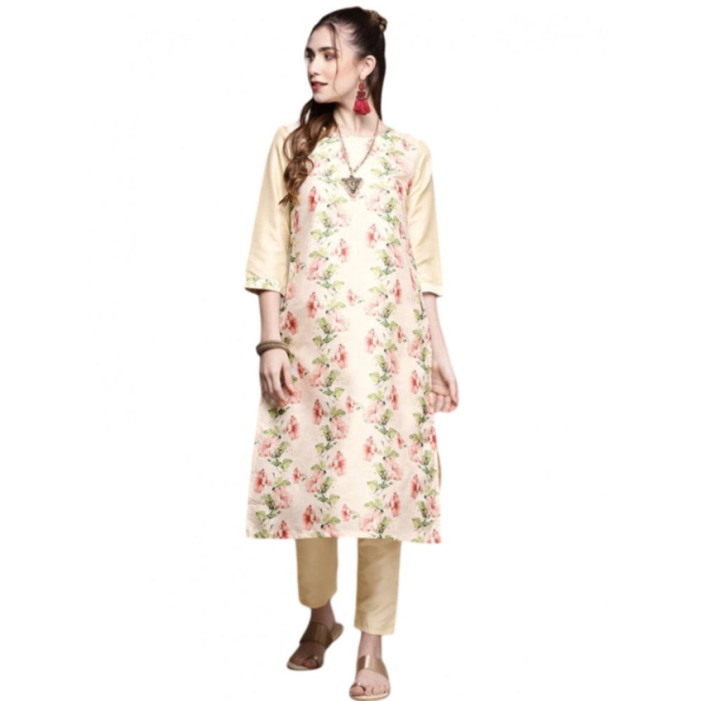 Women's Casual 3-4Th Sleeve Floral Printed Poly Silk Kurti and Pant Set (Cream) - GillKart