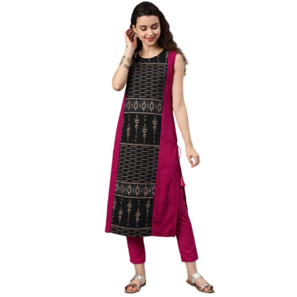 Women's Casual sleeveless Tribal Crepe Kurti and Pant Set (Pink) - GillKart