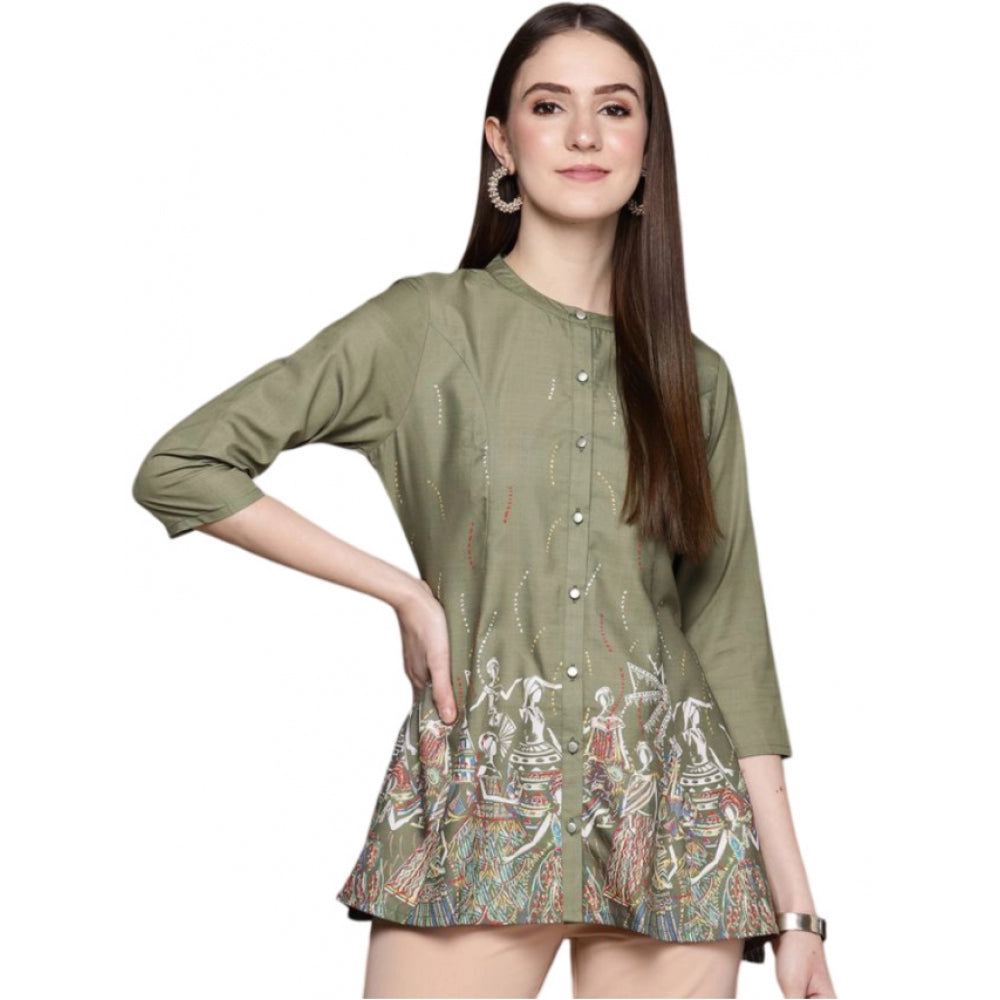 Women's Casual 3-4Th Sleeve Abstract Crepe Top (Olive) - GillKart